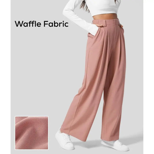 High Waisted Plicated Side Pocket Wide Leg Waffle Work Pants