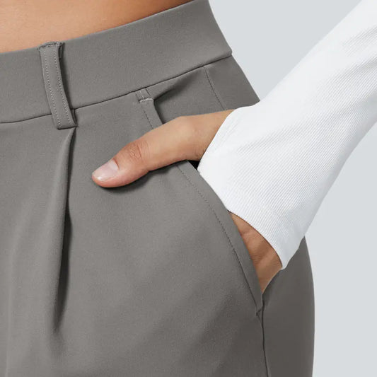 High Waisted Plicated Side Pocket Straight Leg Work Pants