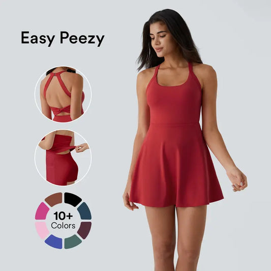 Backless Cut Out Twisted Side Pocket 2-in-1 Exercise Dress-Easy Peezy