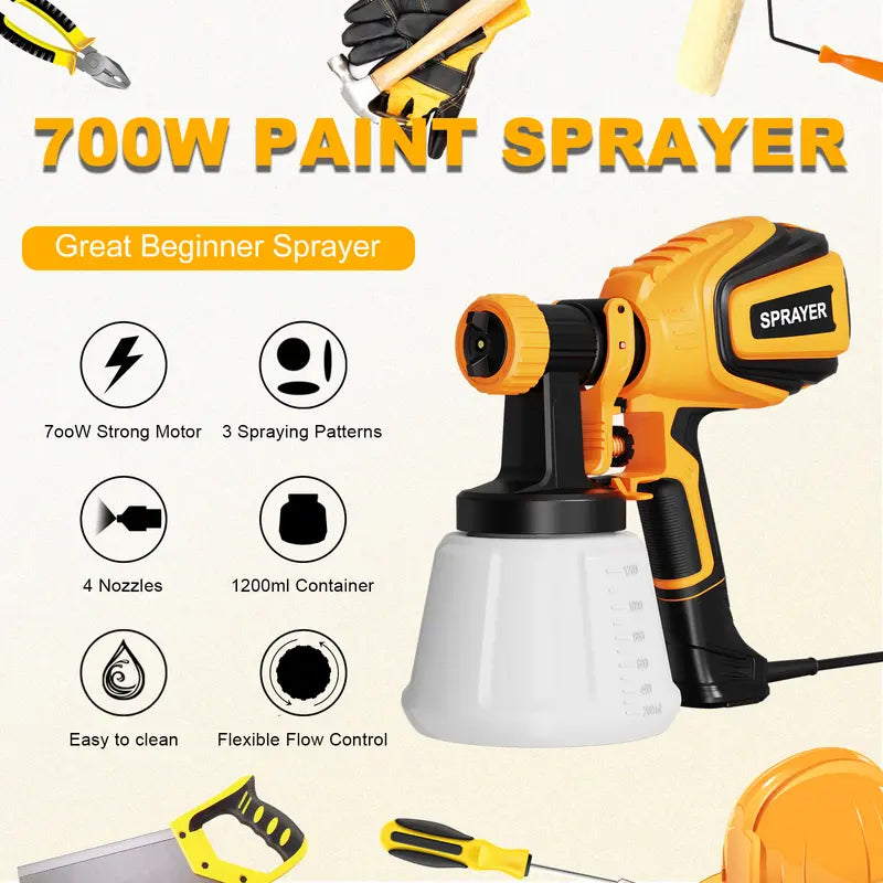 700W HVLP Paint Sprayer, Multi-Nozzle & Pattern, Easy to Clean for Furniture, Fence & More
