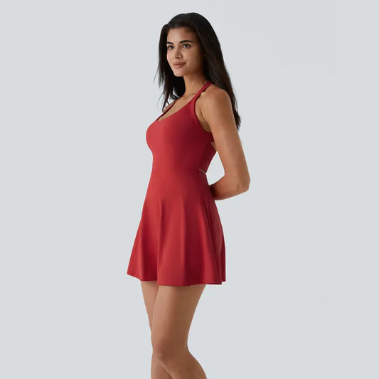 Backless Cut Out Twisted Side Pocket 2-in-1 Exercise Dress-Easy Peezy