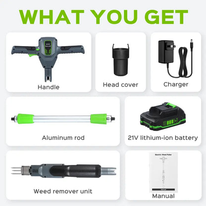 21V Electric Weed Puller with 3-Claw Steel Head, Cordless Weeding Tool with 2.0Ah Battery & Charger